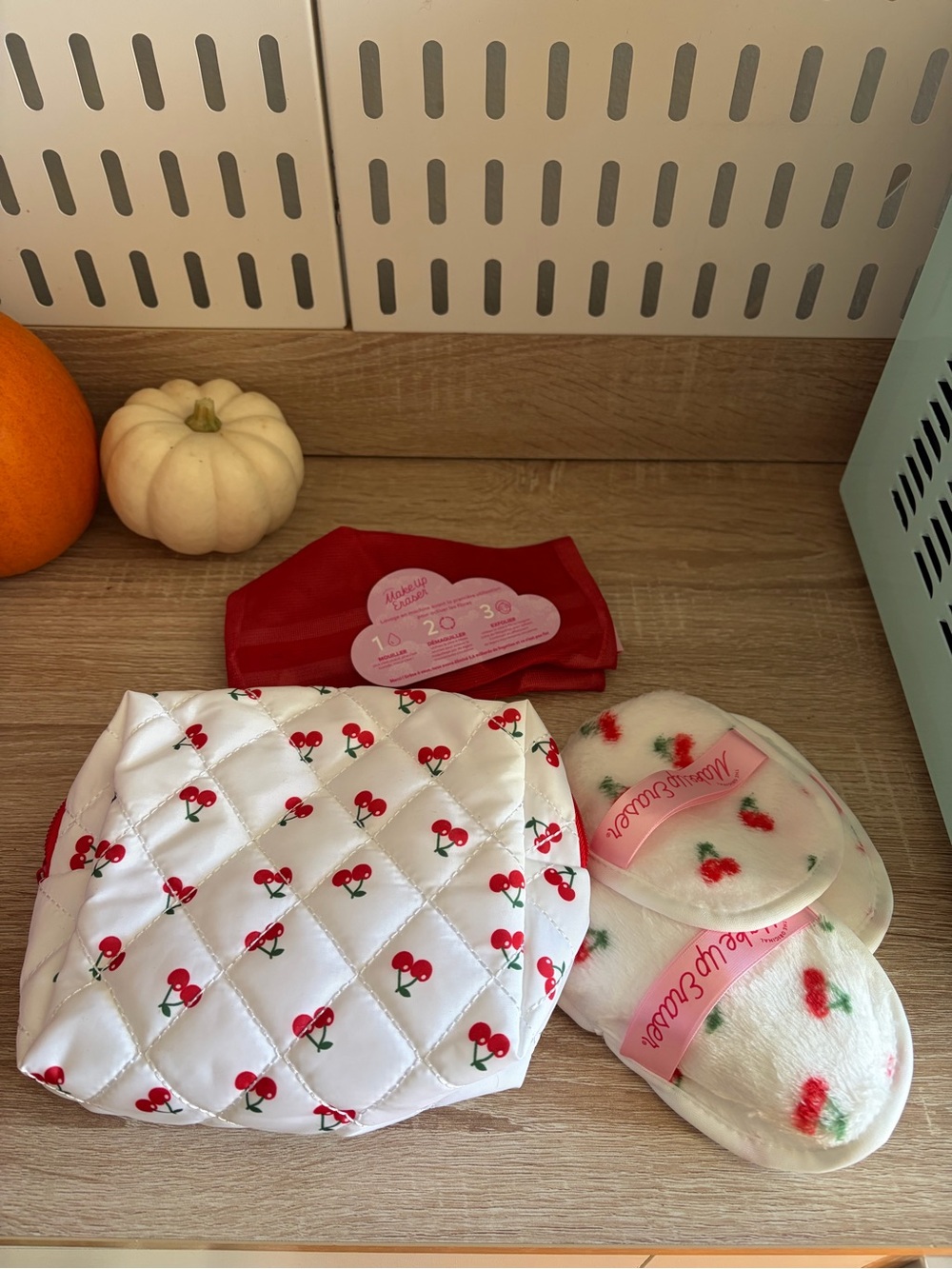 Cherry Quilted Makeup Bag and Eraser Set - White with Red Cherries